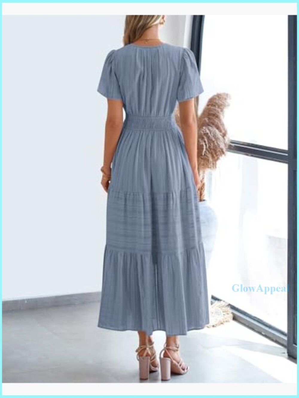 Lightweight Cotton Maxi Dress with Pockets, Elastic Waist, V-Neck, Short Sleeve - Picture 3 of 7